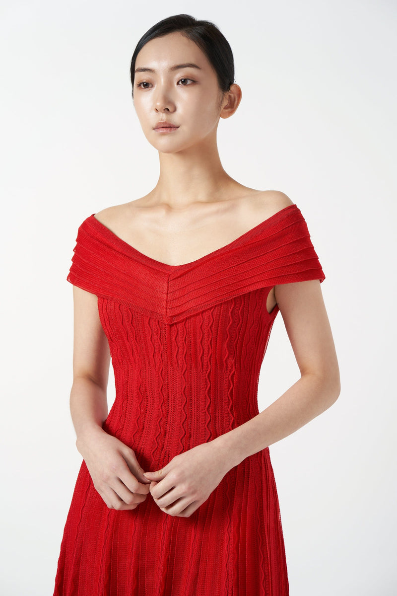 red off the shoulder dress ruffle Ruffle Off-Shoulder Knit Dress(Red) – RVN