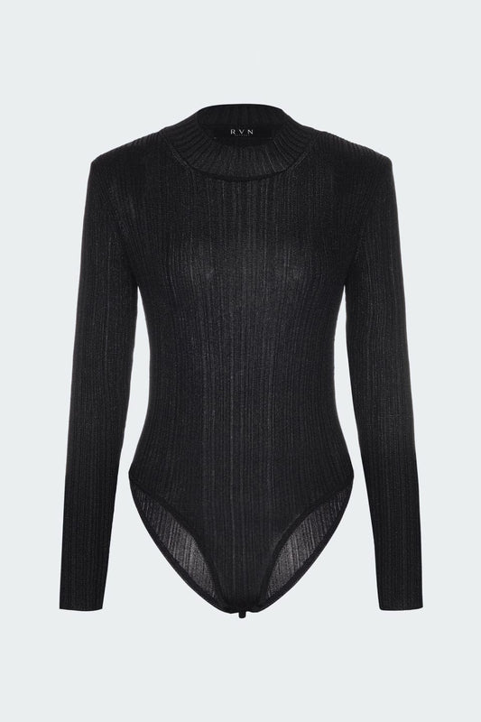 RVN Bodysuit Metallic Rib Mock Neck Knit Bodysuit