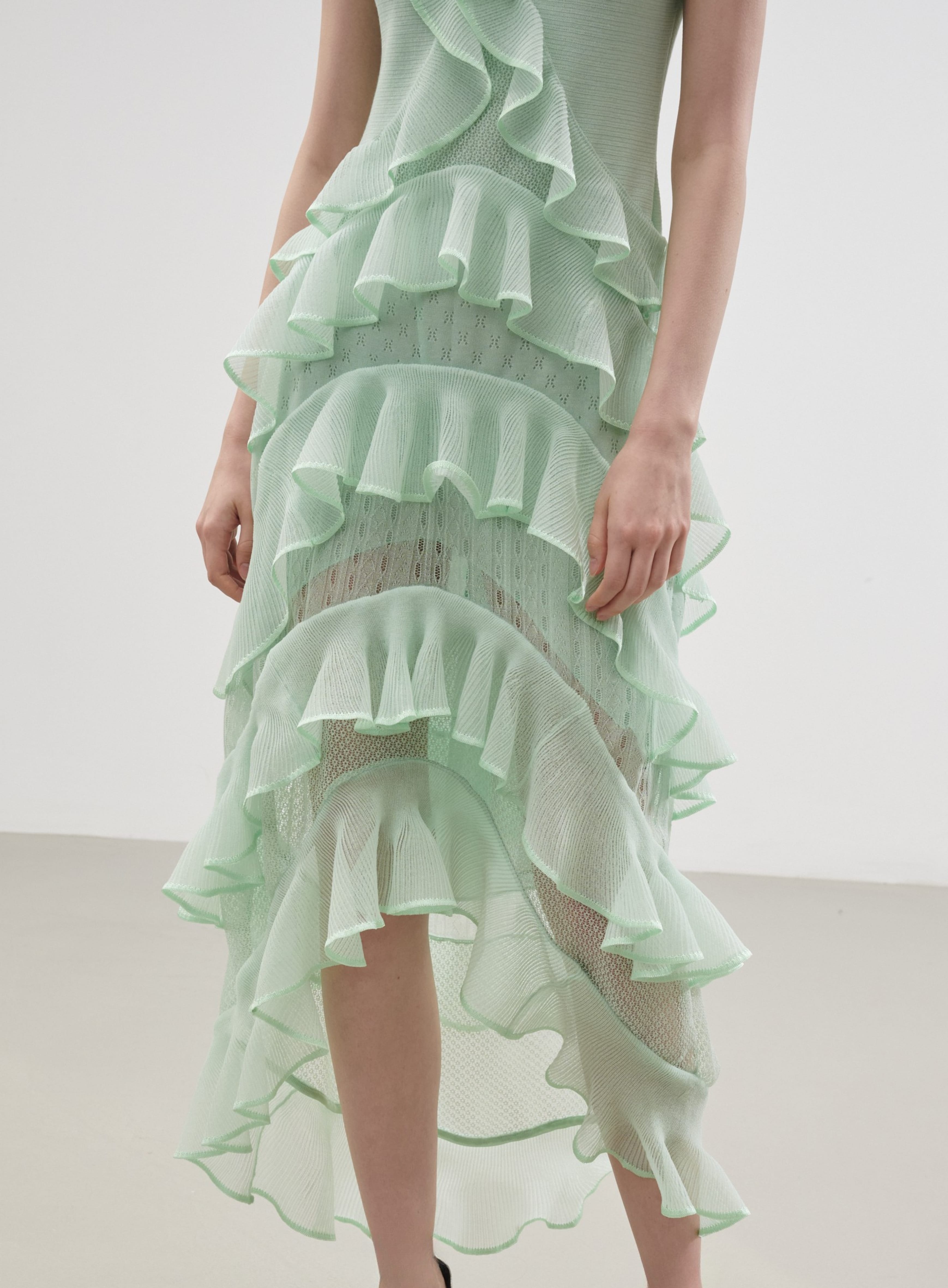 sheer ruffle dress Semi-sheer chiffon with outer cape - Dark Green - XS Get ready to be the most stunning person in the room in this white tiered ruffle maxi dress Calla Ruffle Sheer Dress