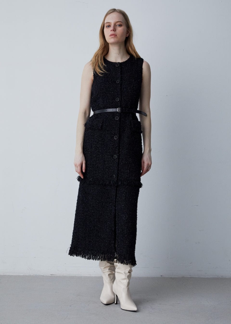 RVN Dress Black Sequins Tweed Knit Vest Dress