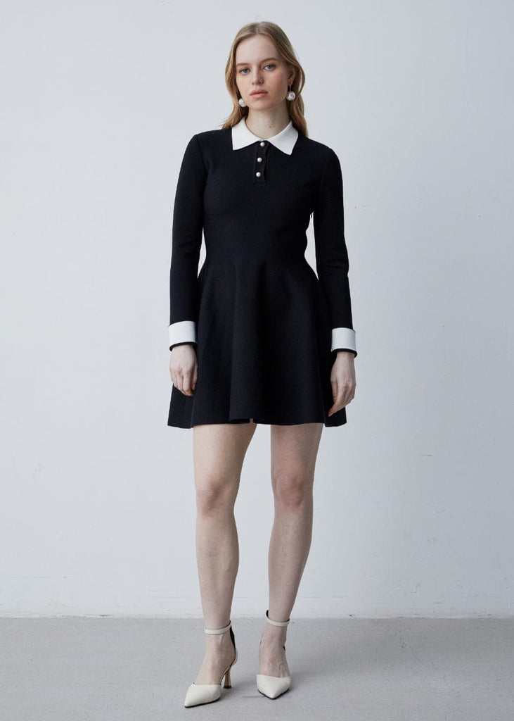 RVN Dress Crepe Knit Skater Long Sleeve Mini Dress w/Pearl Buttons