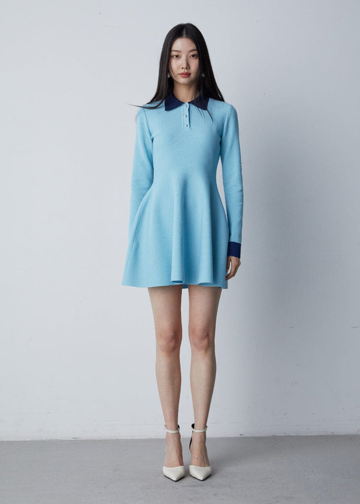 RVN Dress Crepe Knit Skater Long Sleeve Mini Dress w/Pearl Buttons