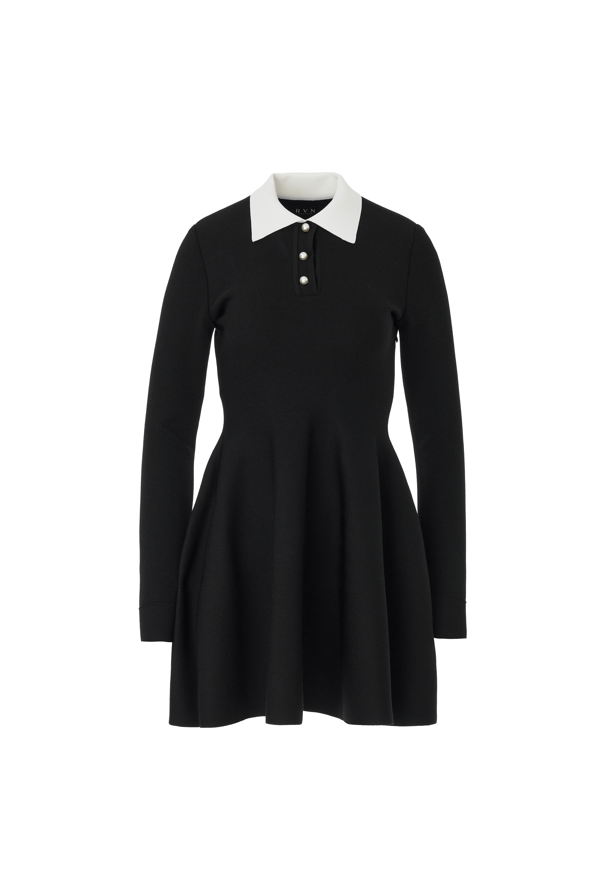 RVN Dress Crepe Knit Skater Long Sleeve Mini Dress w/Pearl Buttons