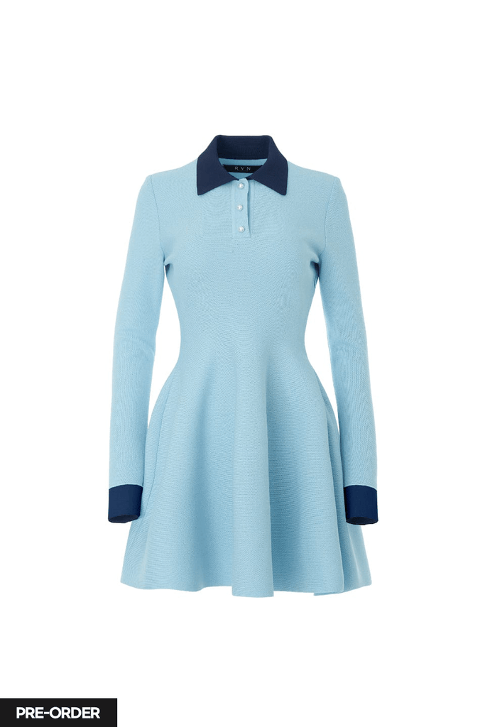 RVN Dress [PRE-ORDER] Crepe Knit Skater Long Sleeve Mini Dress w/Pearl Buttons