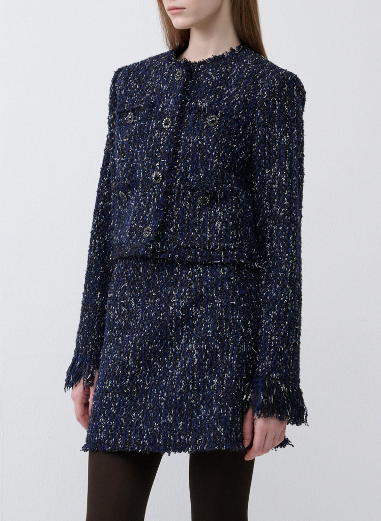RVN Jacket Cropped Indigo Tweed Jacket w/Fringe