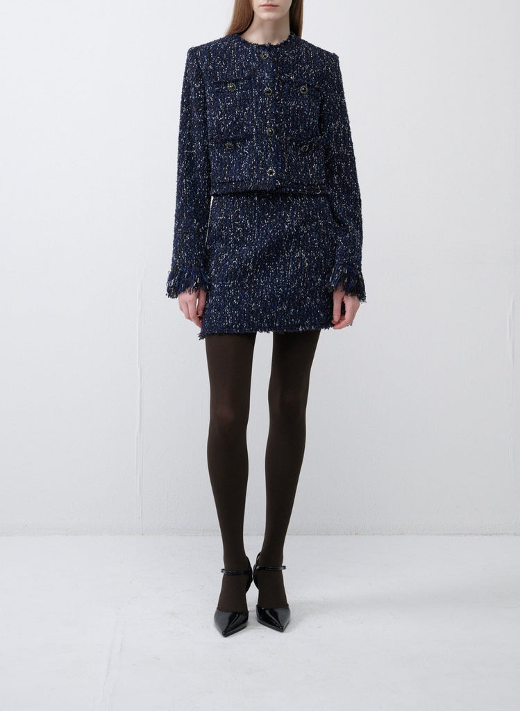 RVN Jacket Cropped Indigo Tweed Jacket w/Fringe