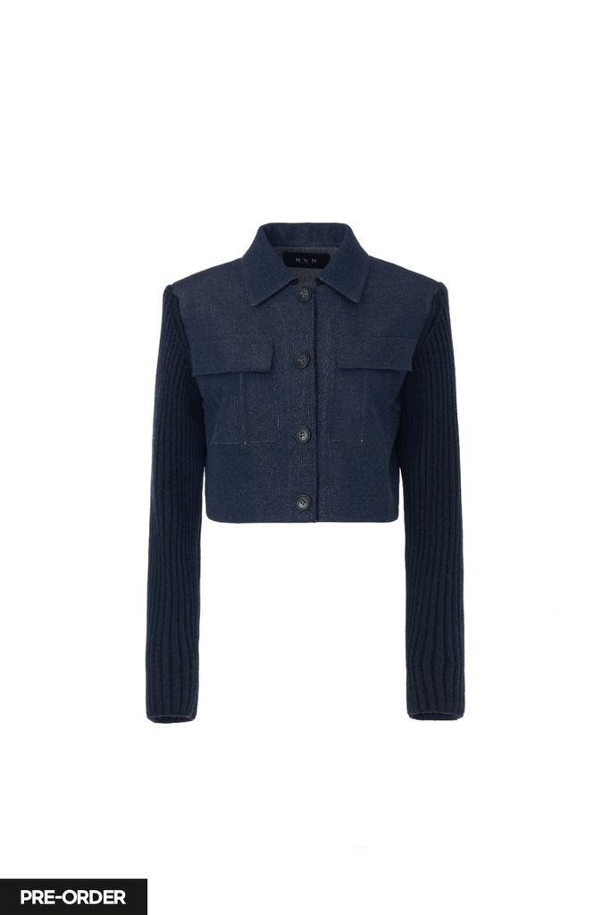 RVN Jacket [PRE-ORDER] Jean Jacquard Knit Crop Jacket w/ Cashmere-Wool Rib Sleeves