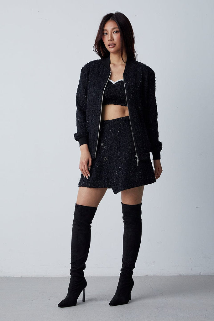 RVN Jacket Sequins Tweed Knit Bomber Jacket