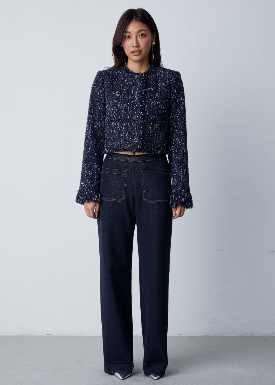 RVN Pants Jean Jacquard Wide Leg Knit Pants w/Front Pocket Detail