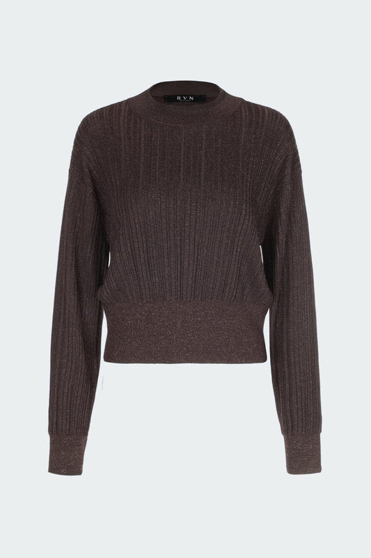 RVN Pullover Metallic Rib High-Neck Knit Pullover