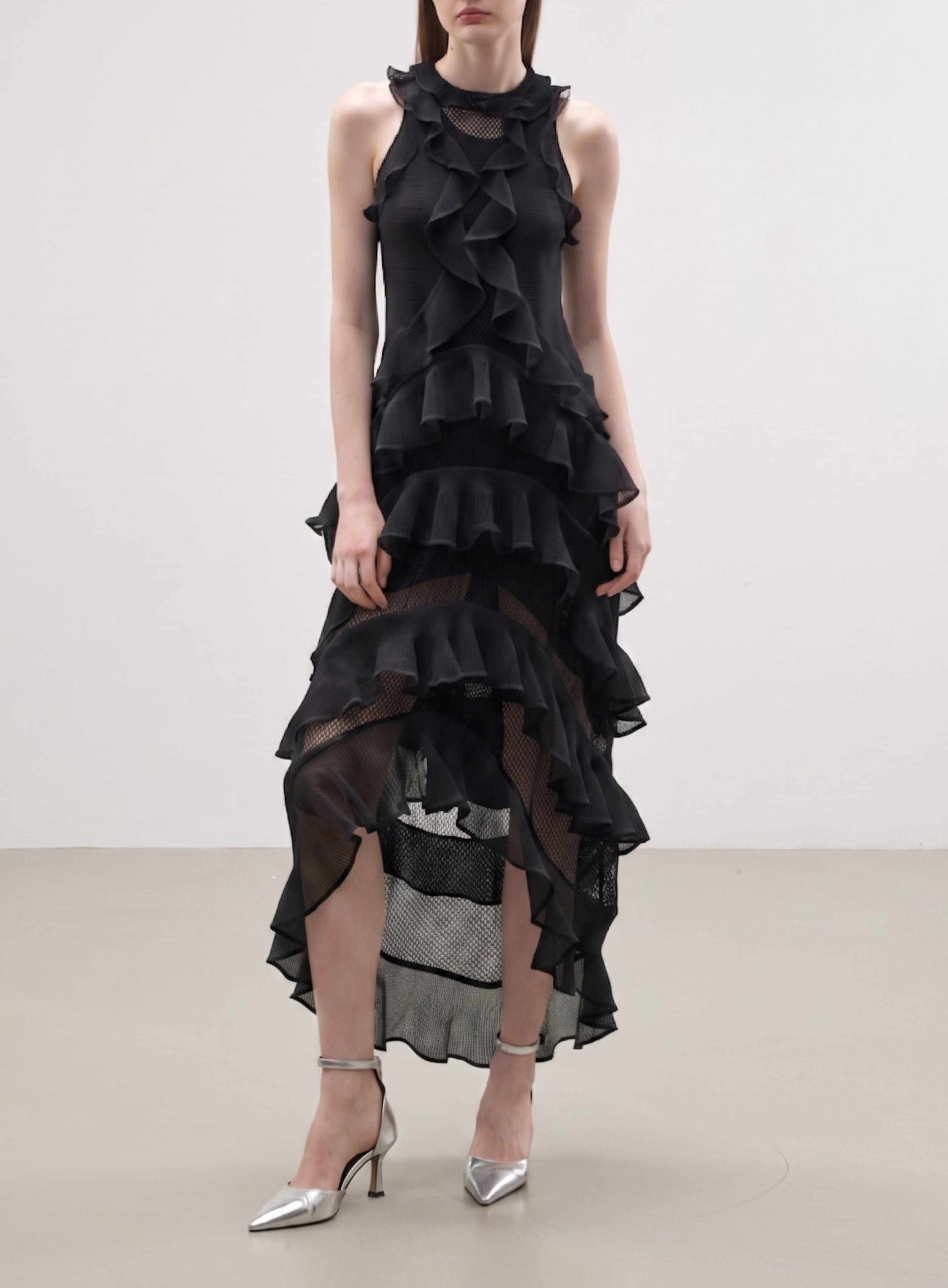 sheer ruffled dress Andrea and Leo A1341 - Long Chiffon A-Line Dress