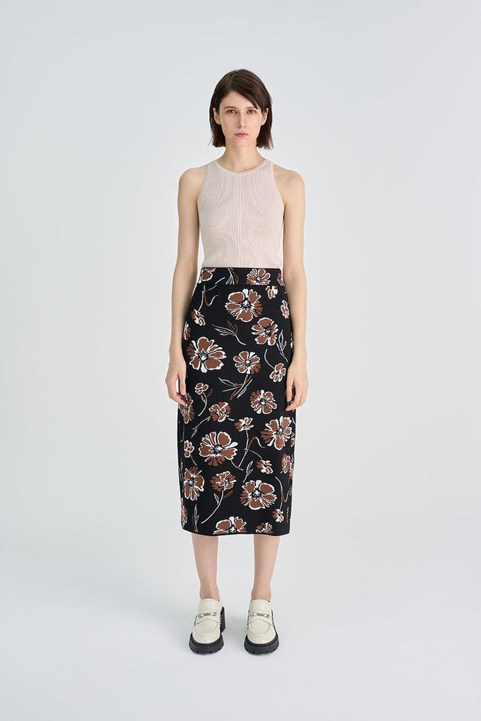 RVN Skirt Floral Jacquard Midi Knit Skirt