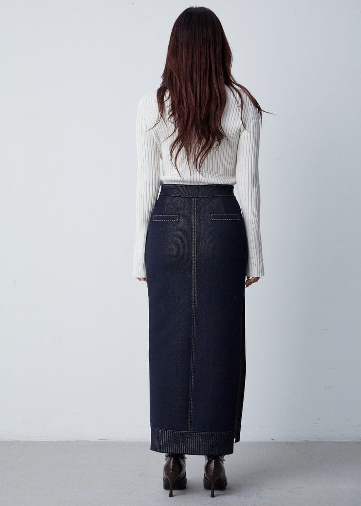 RVN Skirt Jean Jacquard Knit Ankle Length Skirt w/Front Pocket Detail