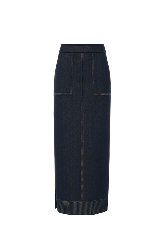 RVN Skirt Jean Jacquard Knit Ankle Length Skirt w/Front Pocket Detail