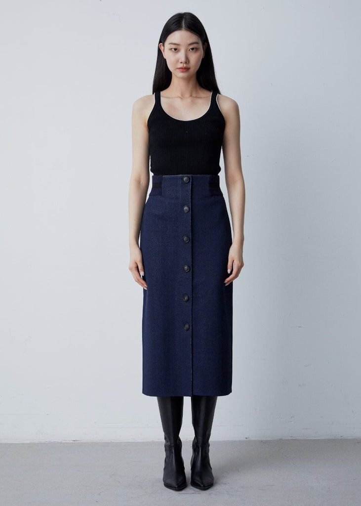 RVN Skirt Jean Jacquard Knit Midi Skirt w/ Cashmere-Wool Rib Waist Detail
