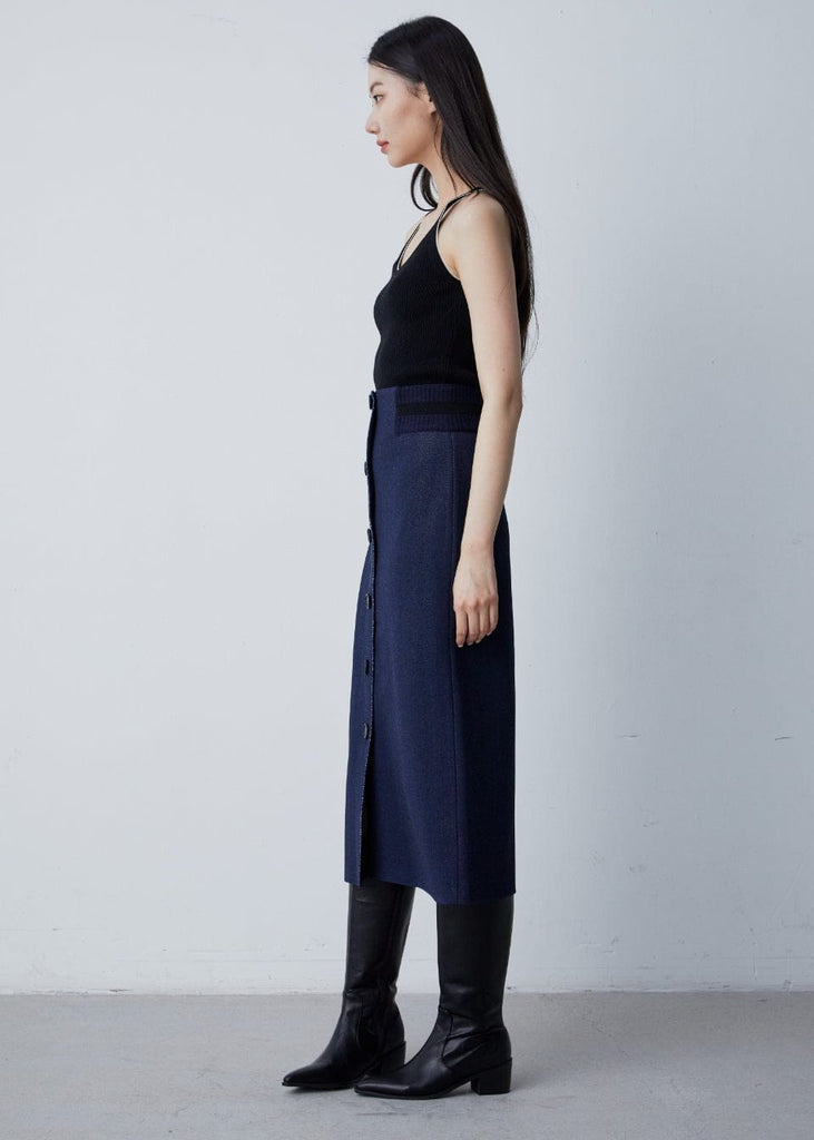 RVN Skirt Jean Jacquard Knit Midi Skirt w/ Cashmere-Wool Rib Waist Detail