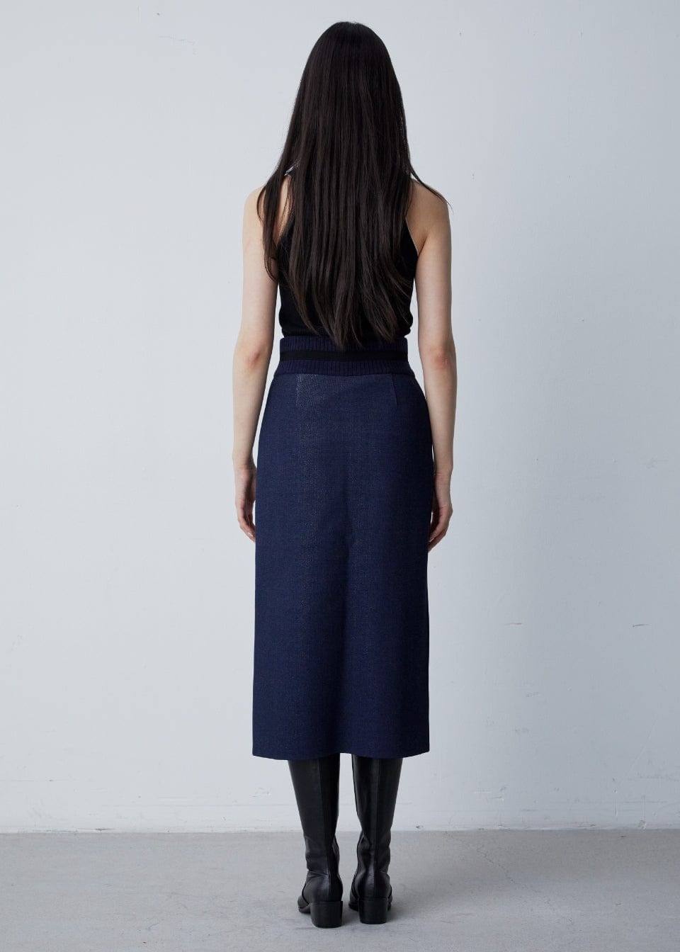 RVN Skirt Jean Jacquard Knit Midi Skirt w/ Cashmere-Wool Rib Waist Detail