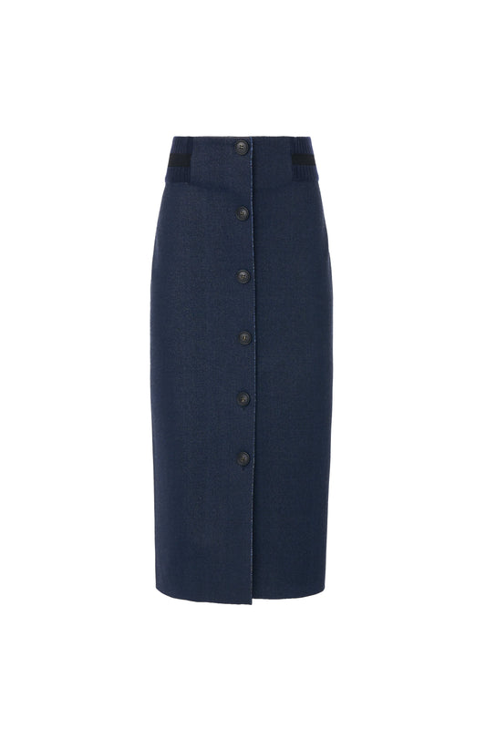 RVN Skirt Jean Jacquard Knit Midi Skirt w/ Cashmere-Wool Rib Waist Detail