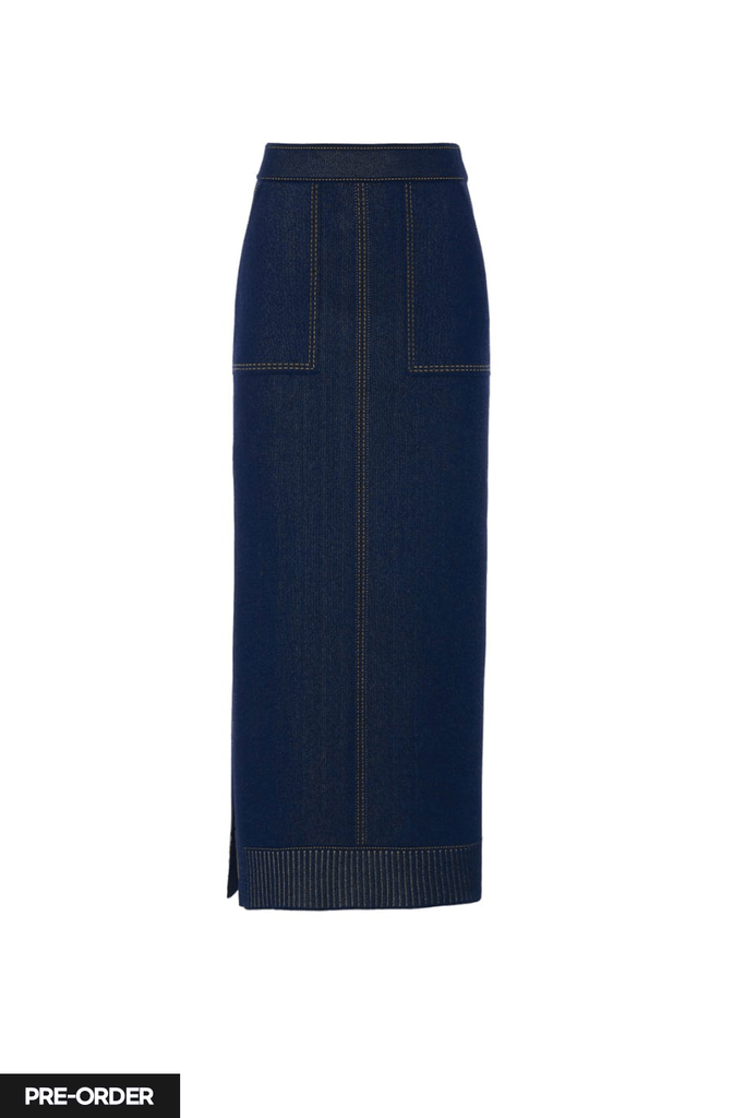 RVN Skirt [PRE-ORDER] Jean Jacquard Knit Ankle Length Skirt w/Front Pocket Detail