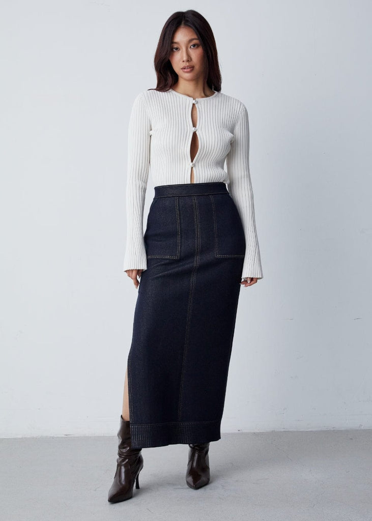 RVN Skirt [PRE-ORDER] Jean Jacquard Knit Ankle Length Skirt w/Front Pocket Detail