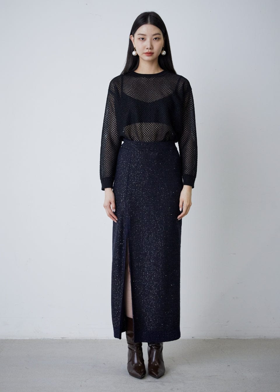 RVN Skirt Sequins Slit Knit Maxi Skirt