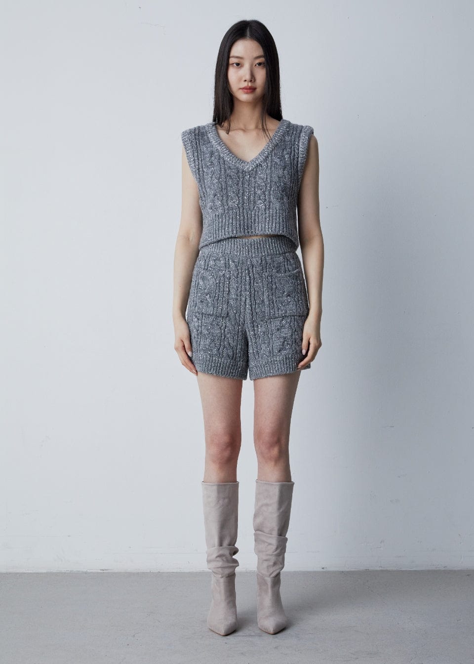 RVN Top Metallic Lurex Cashmere-Blended Cable Vest