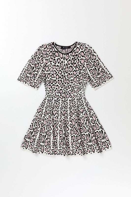 RVN Leopard Flared Sculpted Sleeve Dress