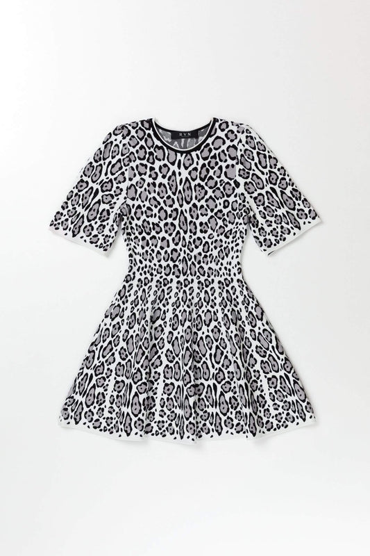 RVN Leopard Flared Sculpted Sleeve Dress