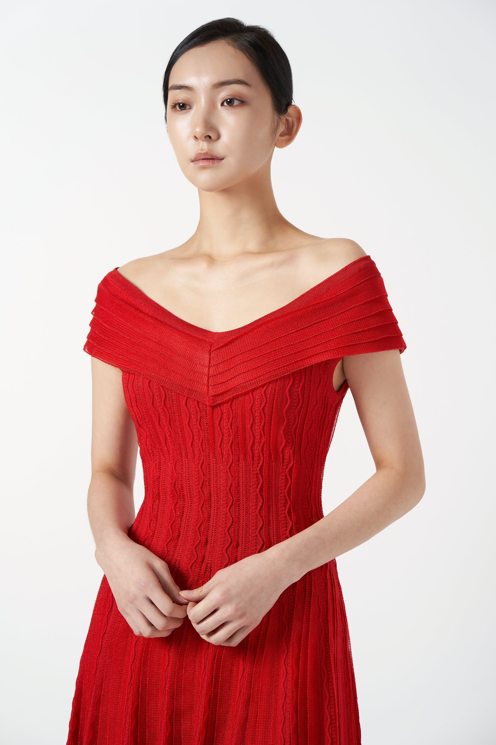 red ruffle dress off shoulder Red Ruffle Off-Shoulder Chiffon Dress Romantic Summer Outfit Red / S